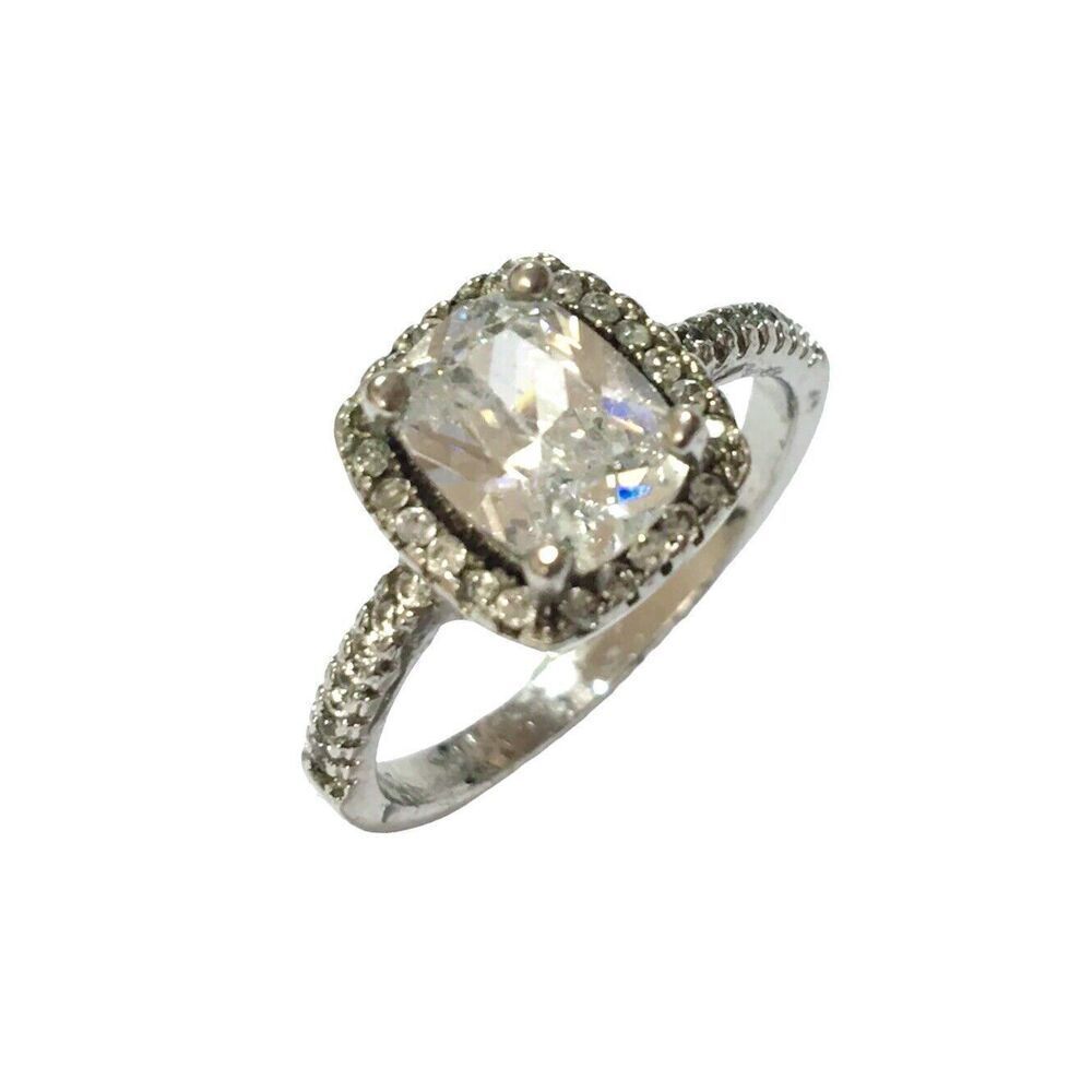 Silver Tone Halo Ring Square CZ 2.5mm Band Clear Gemstones Worn Plating